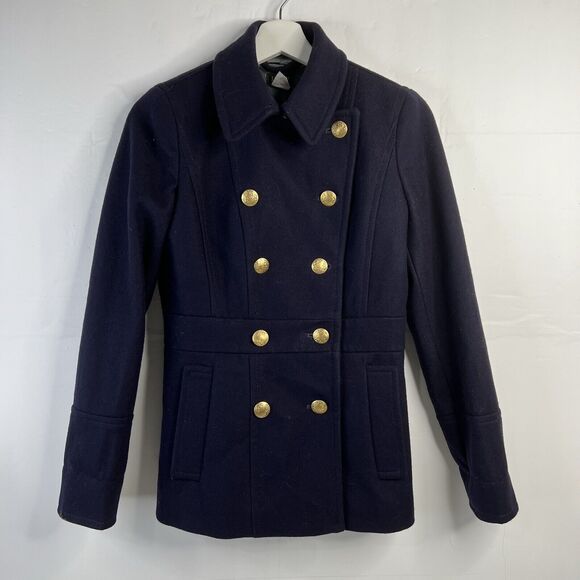 J. Crew Size 0 Peacoat Coat Wool Blend Navy Double Breasted Collared Pockets - Picture 2 of 8